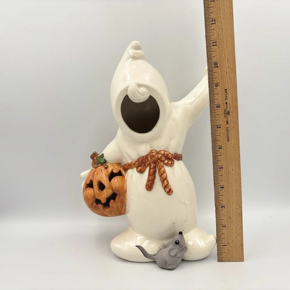 Vintage Ceramic White Ghost W/ Pumpkin / Jack O Lantern & Mouse 11.5